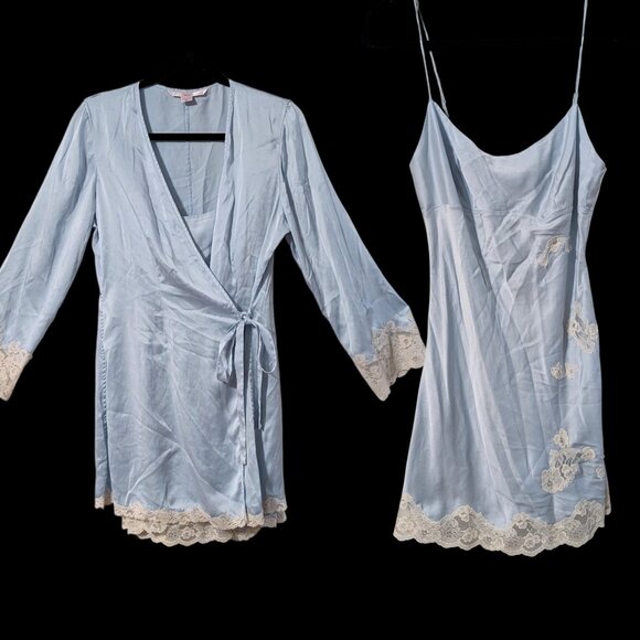 Y2k Soft Blue Cream Silk Lace Trim Chemise Slip Dress and Matching Robe - Picture 14 of 14